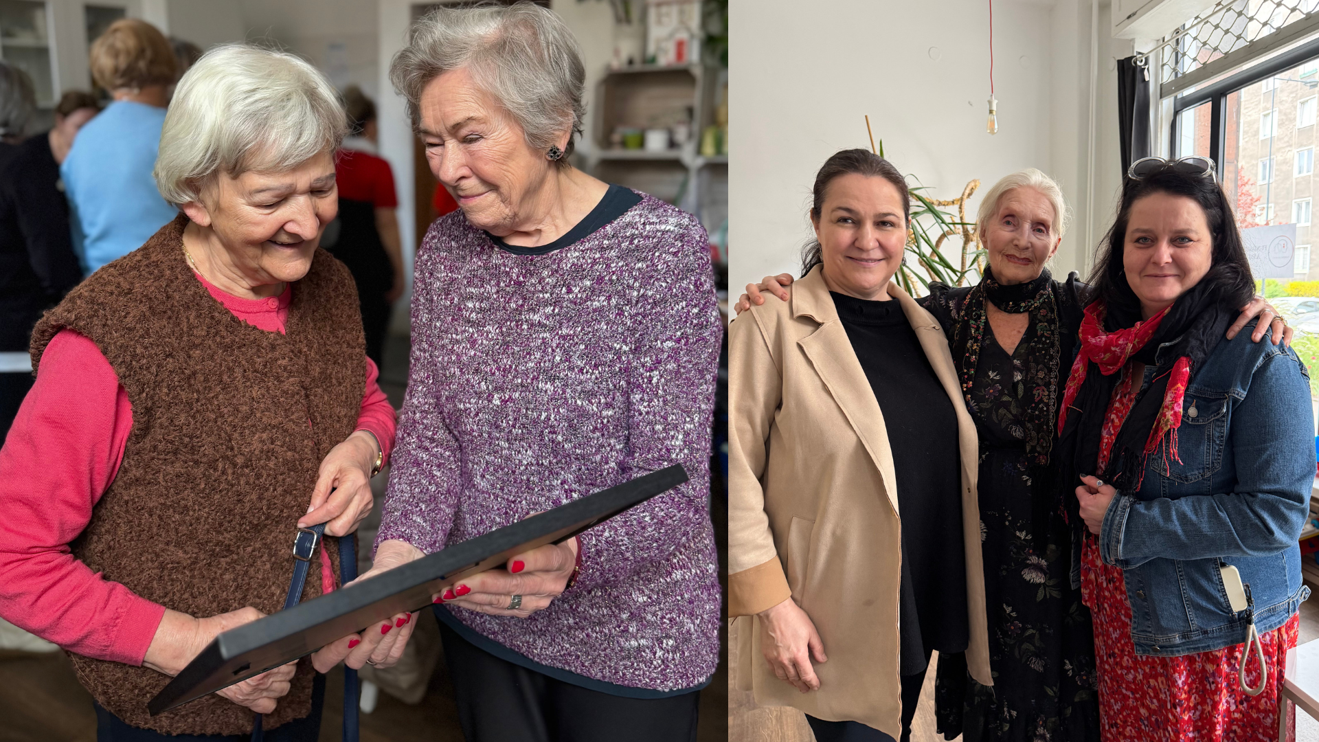 Obrazek podzielony na dwie części. Z lewej strony widzimy 2 seniorki, które patrzą na obraz lub zdjęcie oprawione w ramkę i wdzięcznie się uśmiechają. Z prawej strony widzimy prezeskę i wiceprezeskę Fundacji A.R.T., pomiędzy, którymi stoi seniorka, pani Helena Norowicz, 92-letnia aktorka i modelka. Wszystkie trzy panie uśmiechają się.